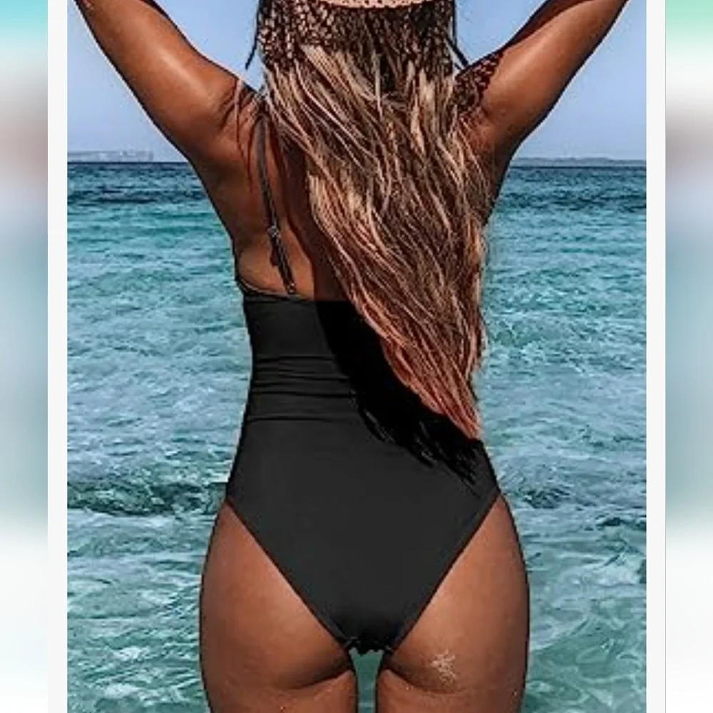 Sexy black one‎ piece v neck adjustable straps shirring hides tummy SZ M black